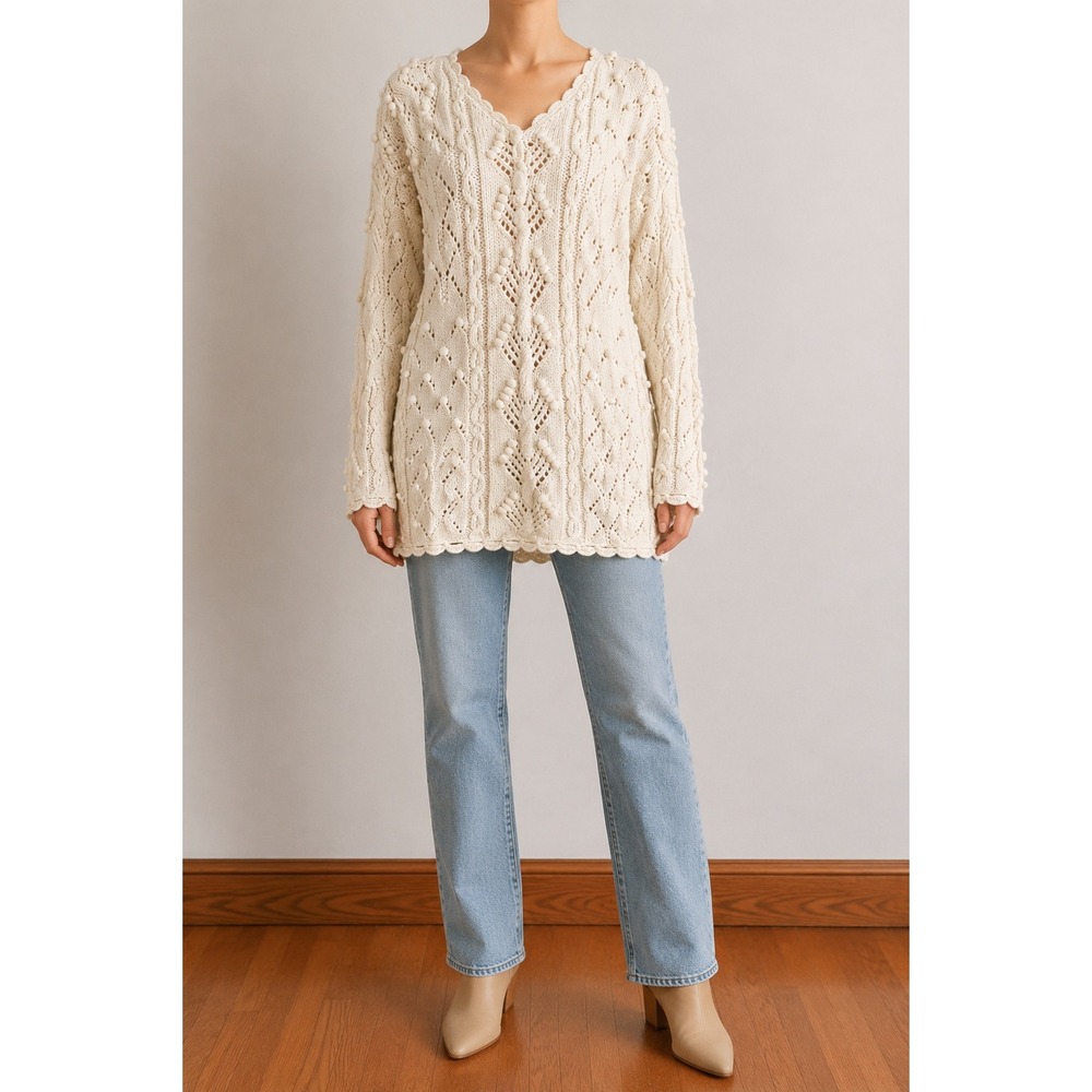 YarnWorks Vintage Handknit Lace Bobble Tunic Sweater Small Chunky Cream Coastal
